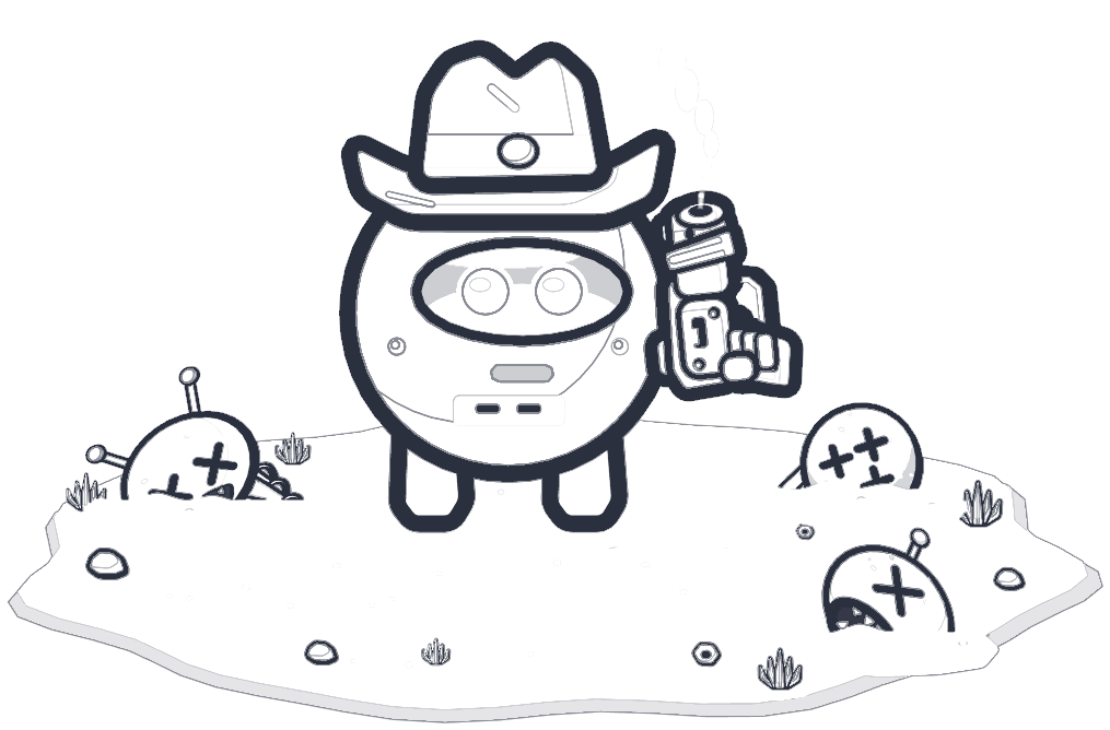 A pencil line sketch of the Scraphead robot in its cowboy hat