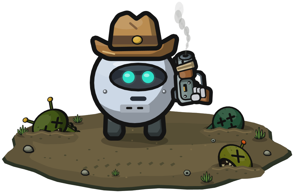 SCRAPHEAD's robot hero in a cowboy hat with a smoking pistol, standing over defeated aliens