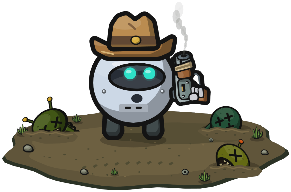 The Scraphead robot, smoking pistol in hand, staring up in shock at an enormous shadowy beast with glowing eyes