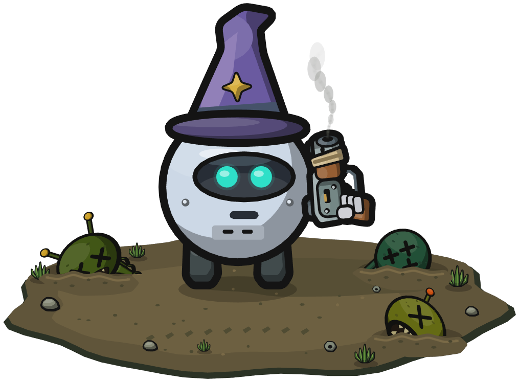 The Scraphead robot in a purple wizard hat with a smoking pistol