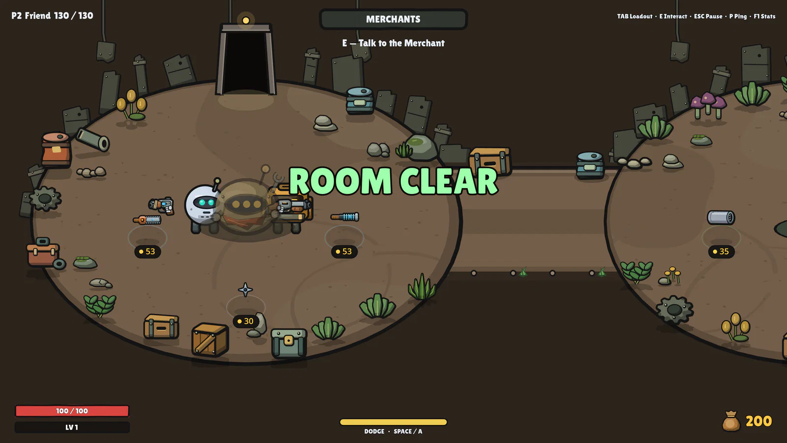 Two players clearing a room and shopping with the merchants in co-op