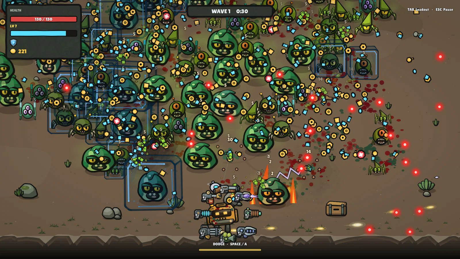 Gameplay: a Hauler robot bristling with guns, surrounded by a massive horde of green aliens