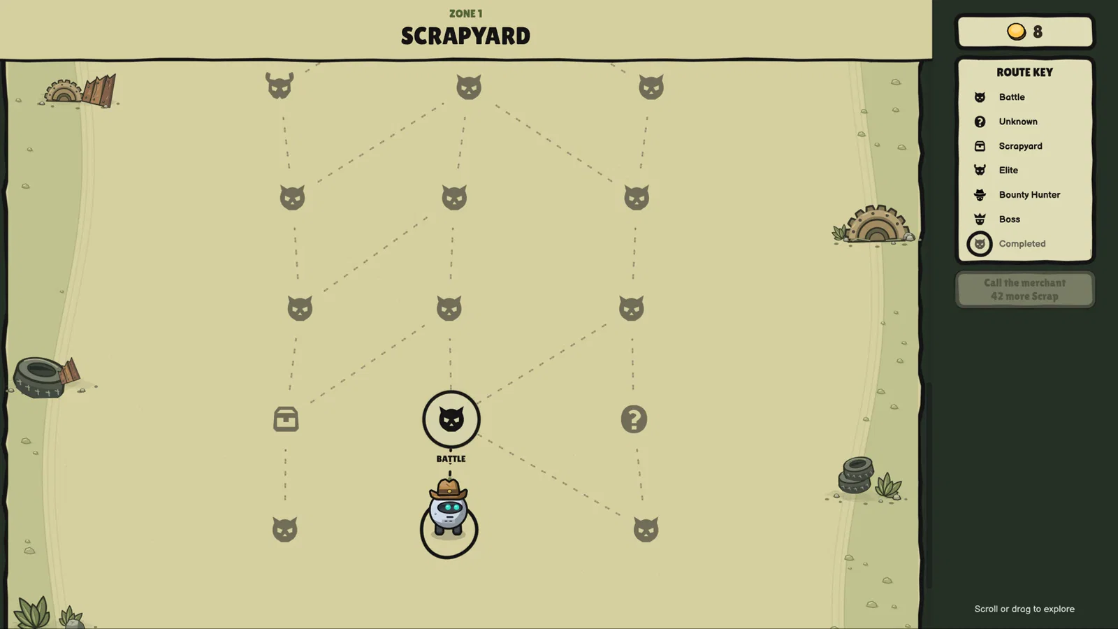 The Zone 1 Scrapyard route map, with the robot about to enter a battle