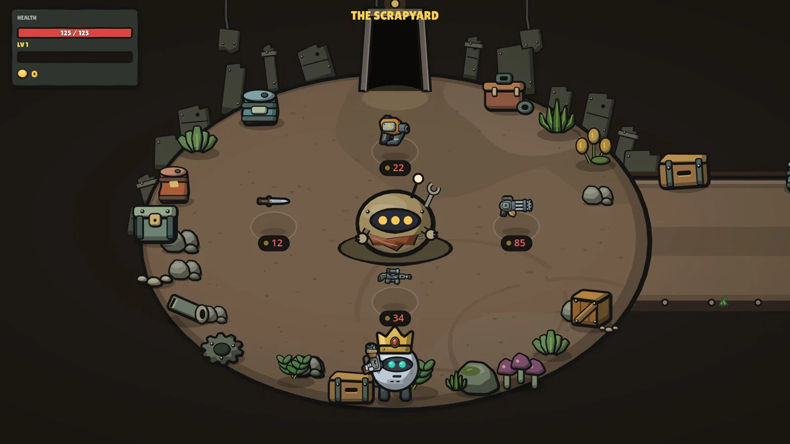 The Scrapyard shop, a round dirt clearing with weapons for sale around a friendly merchant robot