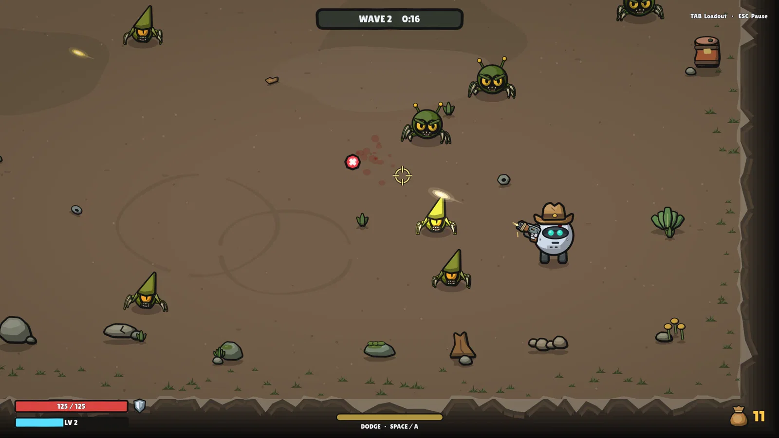 Wave 2: the cowboy-hatted robot fighting cone-headed aliens in a dirt arena